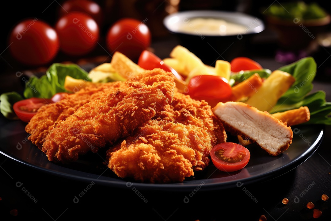 Nugget de frango sobre prato em uma mesa de madeira