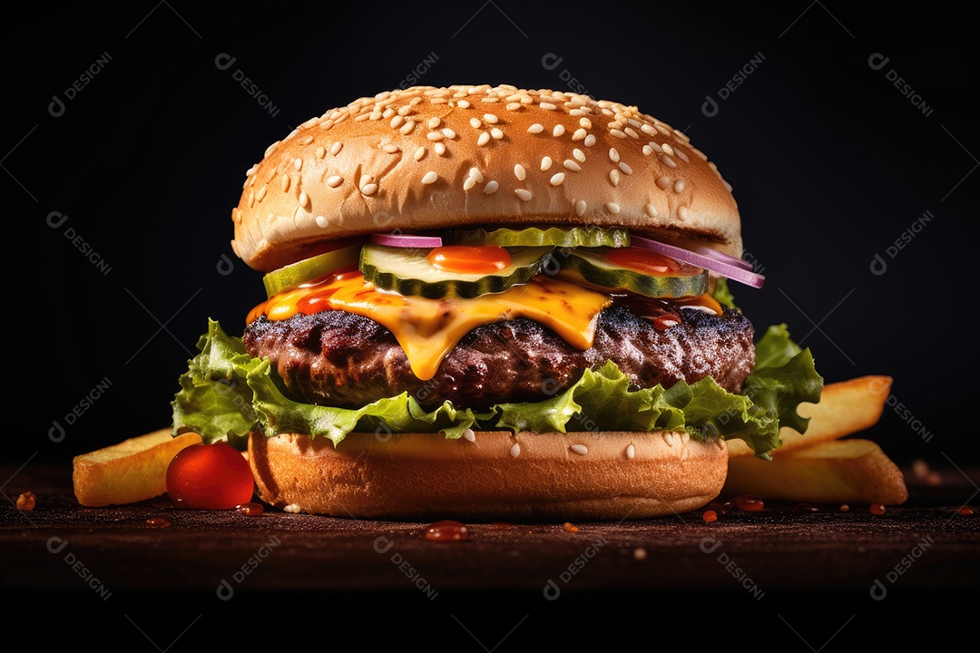 Hambúrguer delicioso sobre uma mesa de madeira