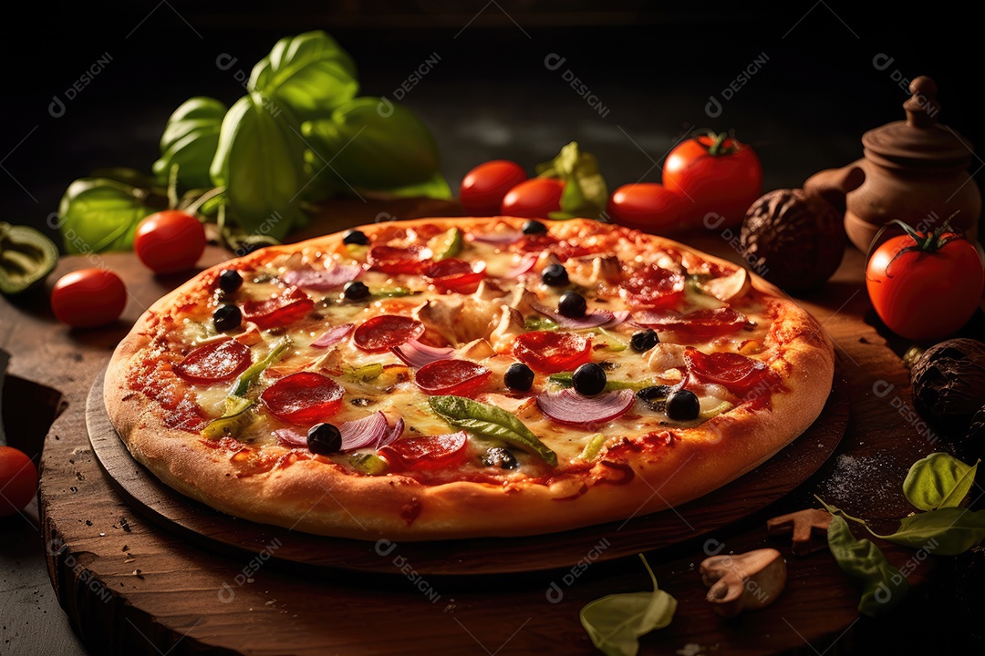 Pizza sobre uma mesa de madeira