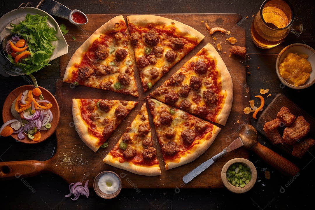 Pizza sobre uma mesa de madeira