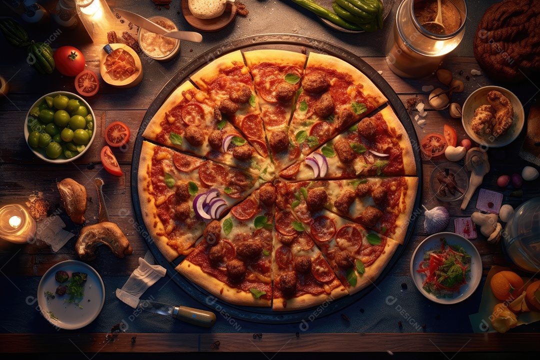 Pizza sobre uma mesa de madeira