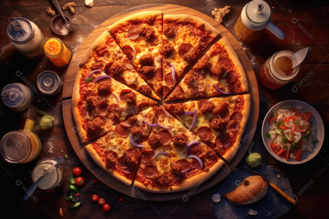 Pizza sobre uma mesa de madeira