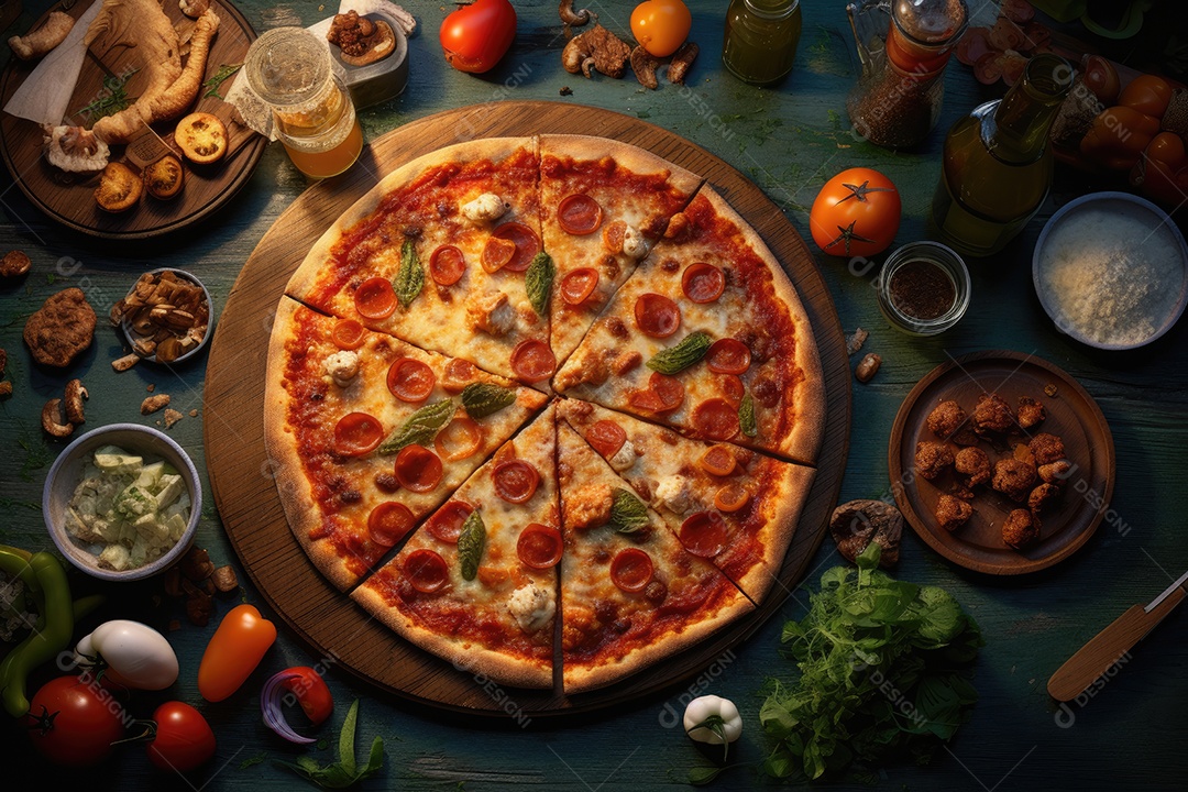 Pizza sobre uma mesa de madeira