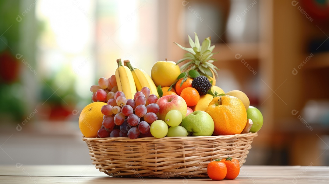 Frutas sobre uma cesta em uma mesa de madeira