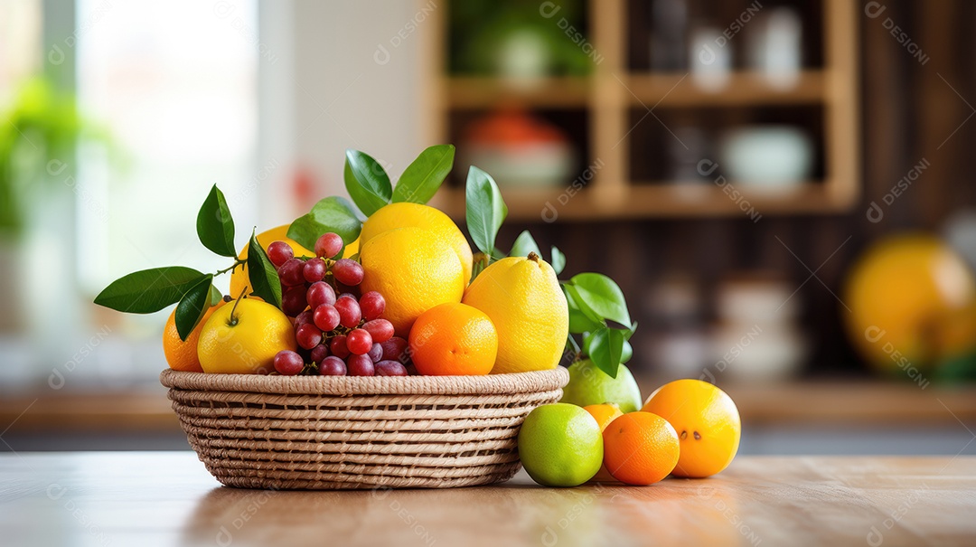 Frutas sobre uma cesta em uma mesa de madeira