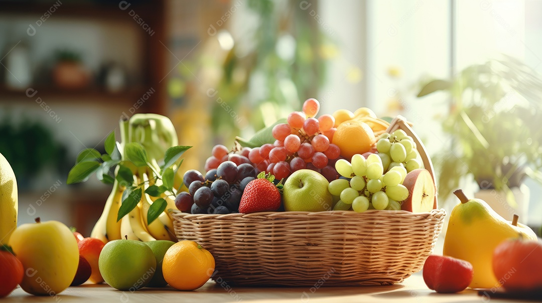 Legumes sobre uma cesta em uma mesa de madeira