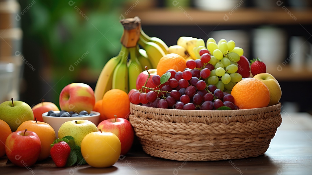 Legumes sobre uma cesta em uma mesa de madeira