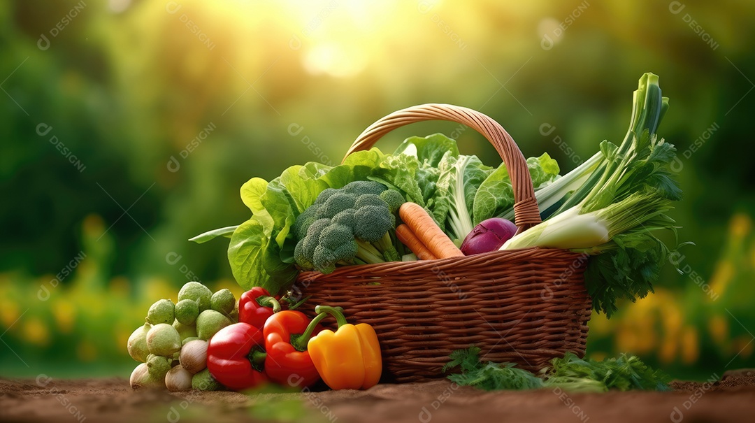 Legumes sobre uma cesta em uma mesa de madeira