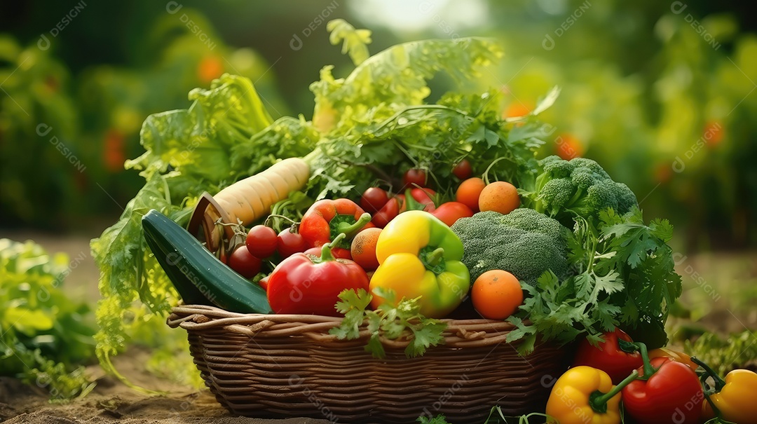 Legumes sobre uma cesta em uma mesa de madeira