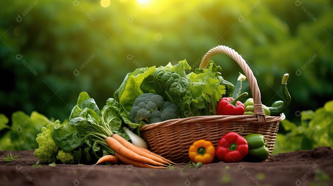 Legumes sobre uma cesta em uma mesa de madeira