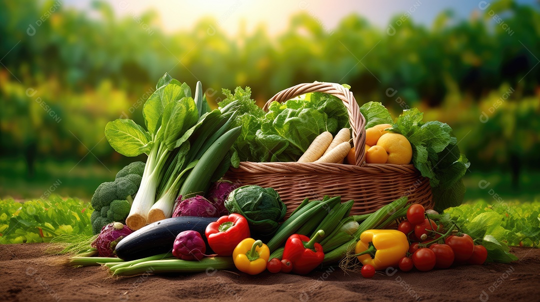 Legumes sobre uma cesta em uma mesa de madeira