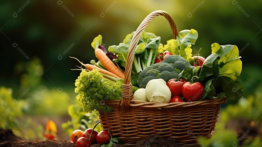 Legumes sobre uma cesta em uma mesa de madeira