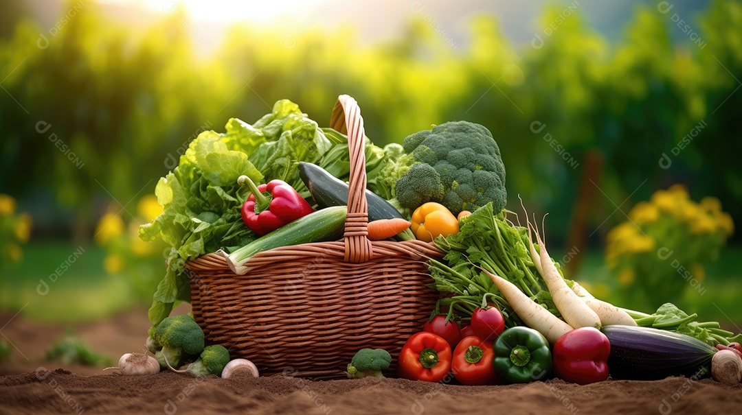 Legumes sobre uma cesta em uma mesa de madeira