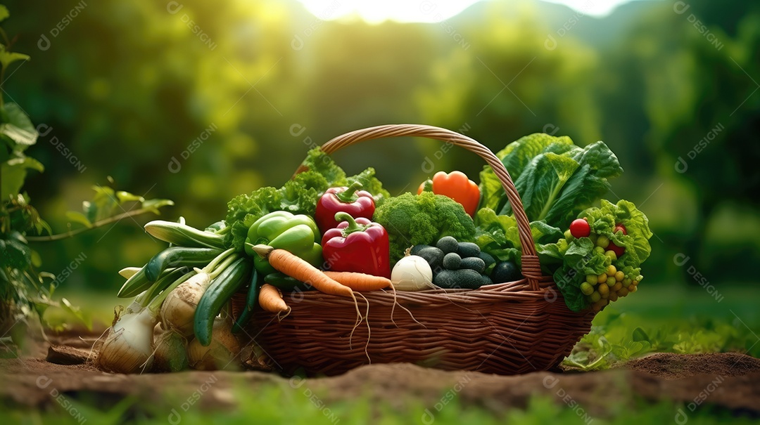 Legumes sobre uma cesta em uma mesa de madeira
