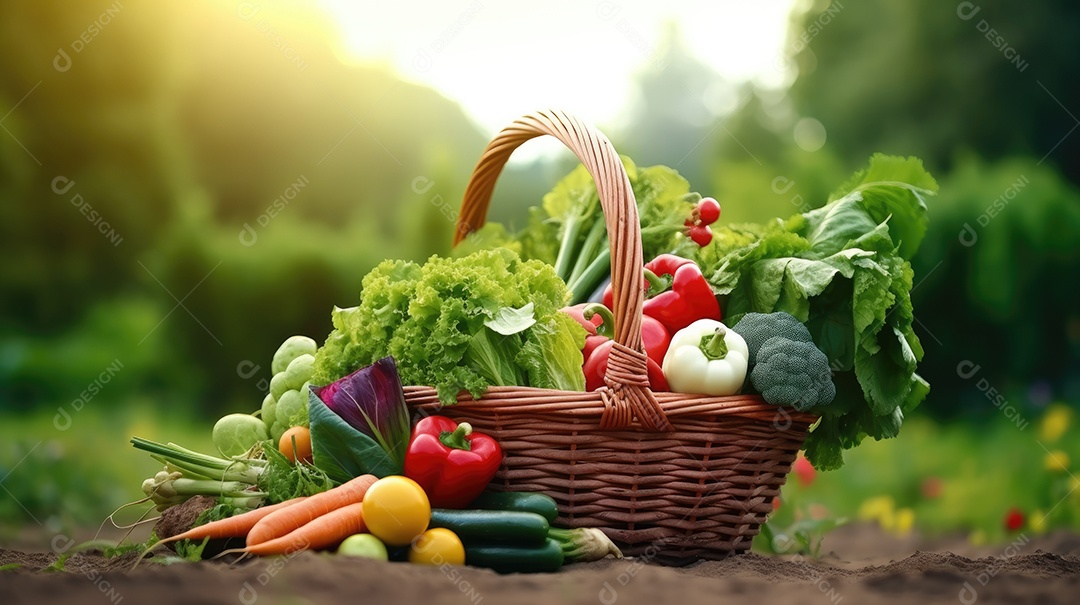 Legumes sobre uma cesta em uma mesa de madeira