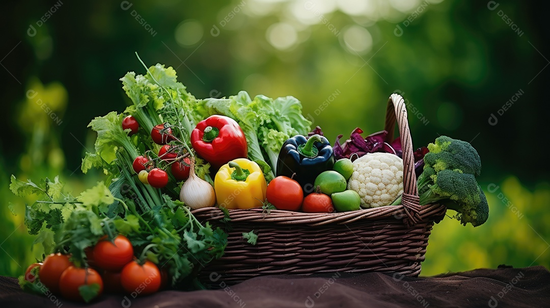 Legumes sobre uma cesta em uma mesa de madeira