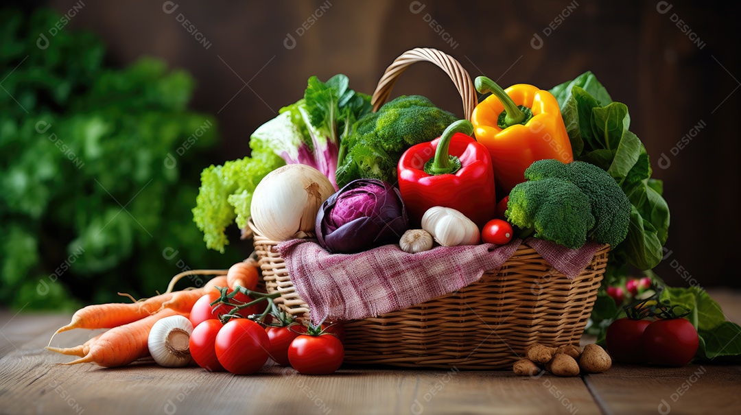 Legumes sobre uma cesta em uma mesa de madeira