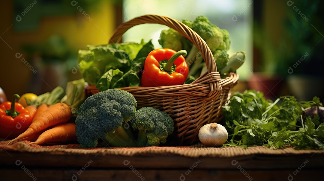 Legumes sobre uma cesta em uma mesa de madeira