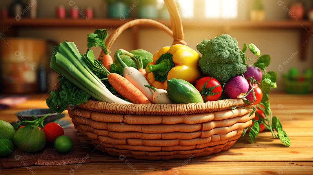 Legumes sobre uma cesta em uma mesa de madeira