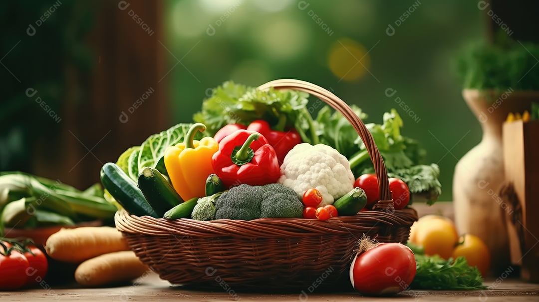 Legumes sobre uma cesta em uma mesa de madeira