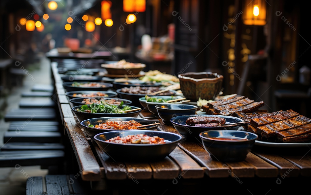 Comidas sobre uma mesa de madeira banquete