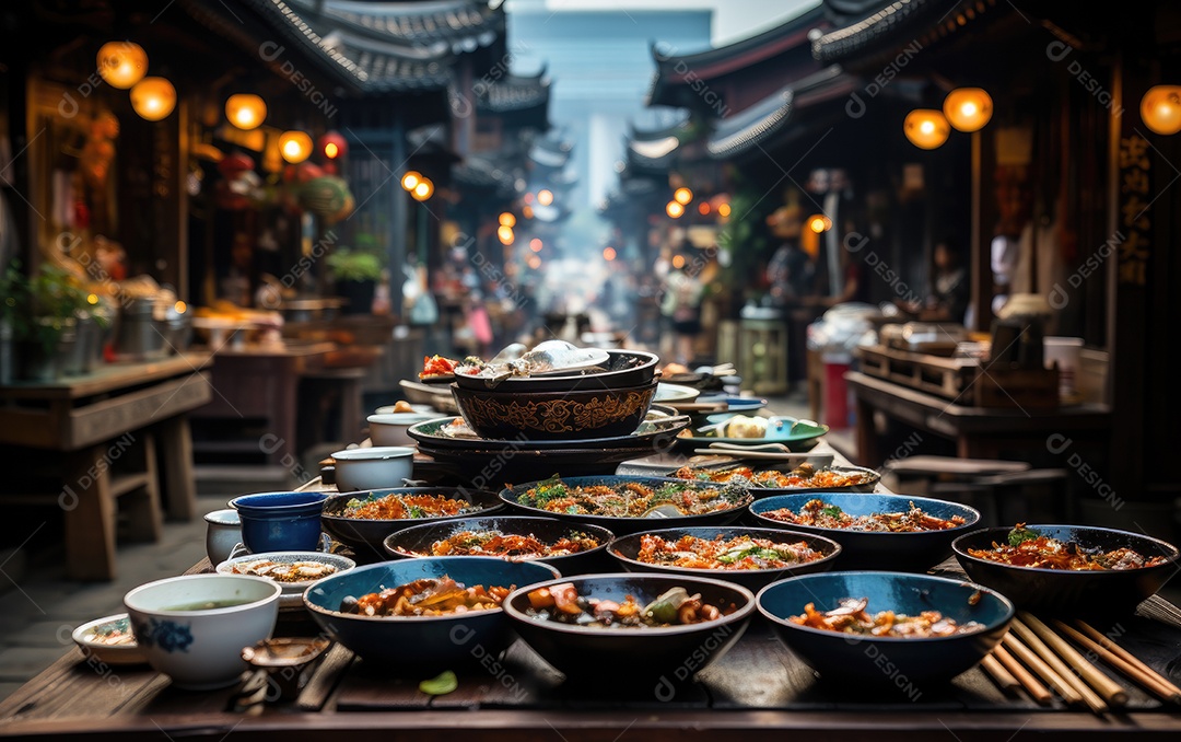 Comida sobre uma mesa de madeira