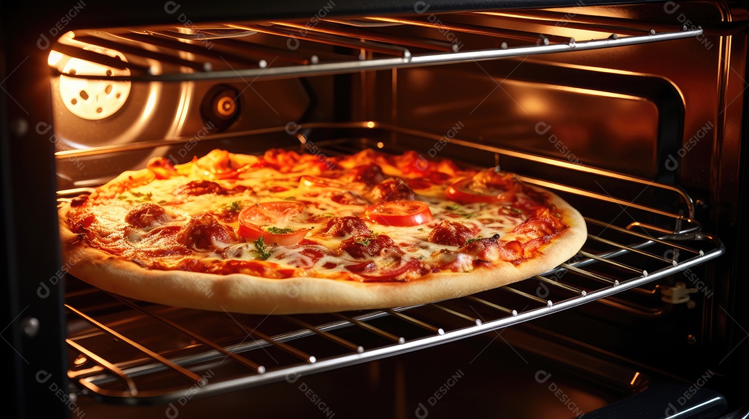 Pizza sendo assada sobre forno de um fogão