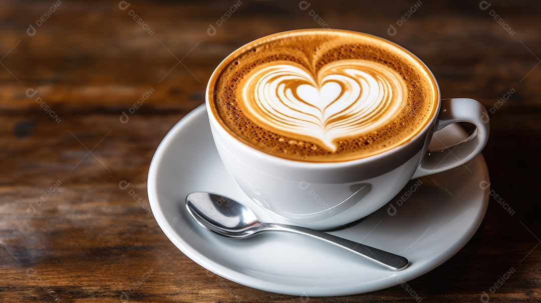 Capuccino sobre uma xícara branca sobre uma mesa de madeira