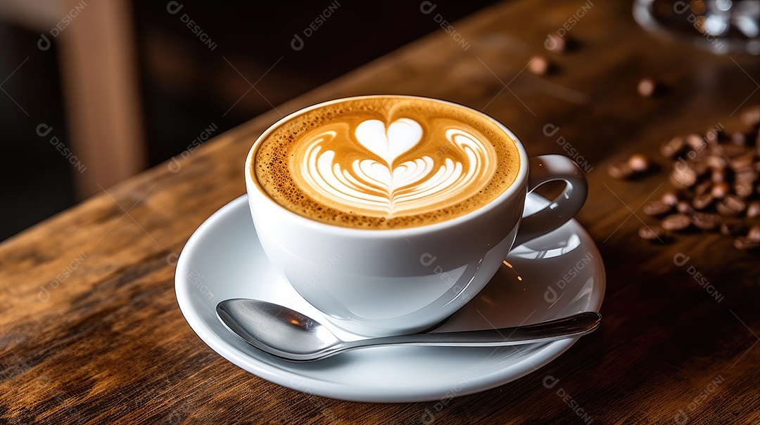 Capuccino sobre uma xícara branca sobre uma mesa de madeira