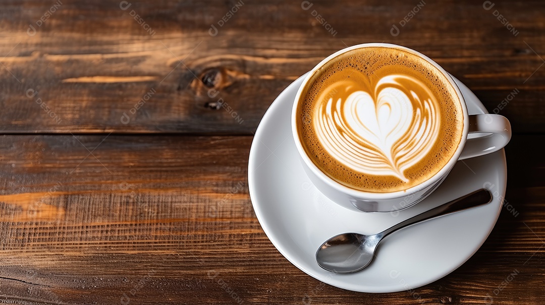 Capuccino sobre uma xícara branca sobre uma mesa de madeira