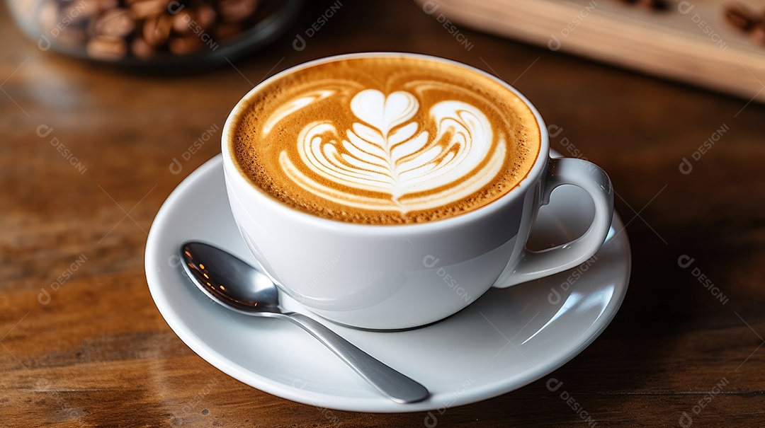 Capuccino sobre uma xícara branca sobre uma mesa de madeira