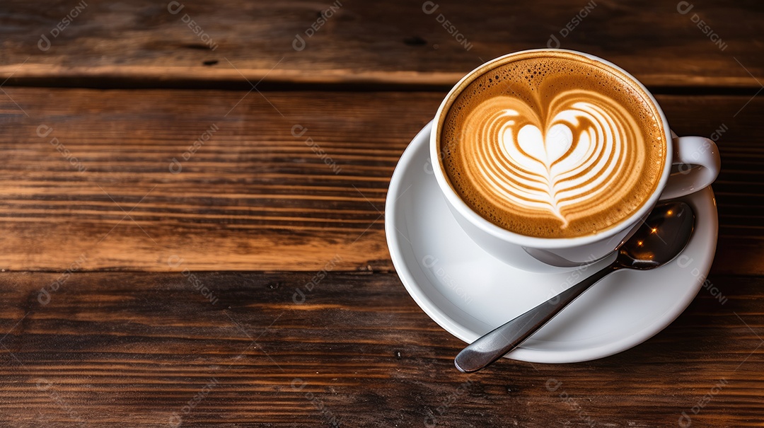 Capuccino sobre uma xícara branca sobre uma mesa de madeira