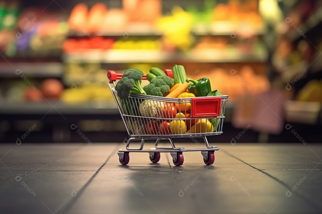 Carrinho de compras sobre uma mesa de madeira