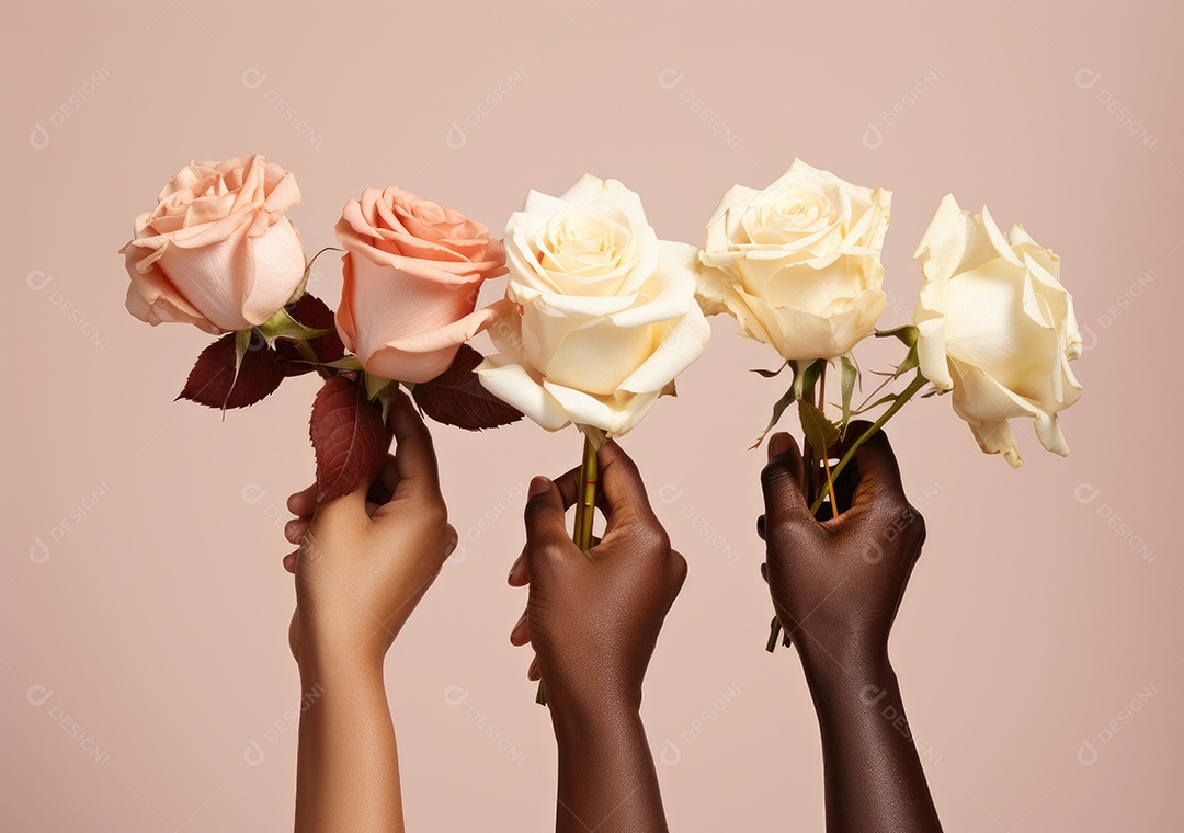 Diferentes cores de pele segurando lindas rosas. IA generativa.