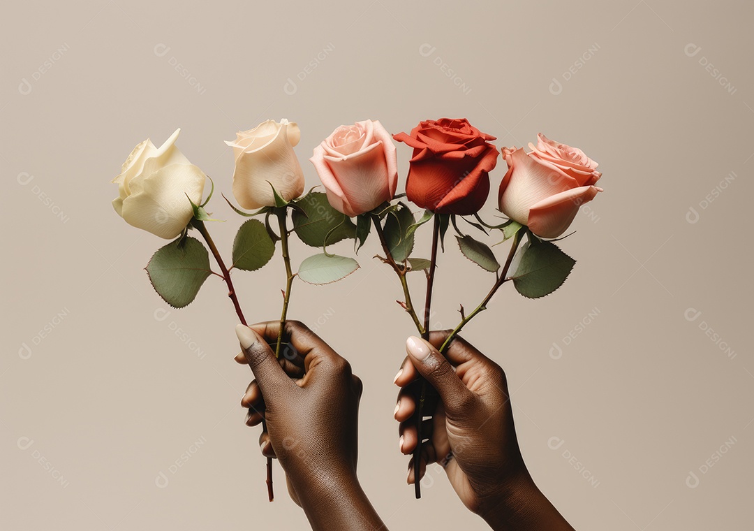 Diferentes cores de pele segurando lindas rosas. IA generativa.