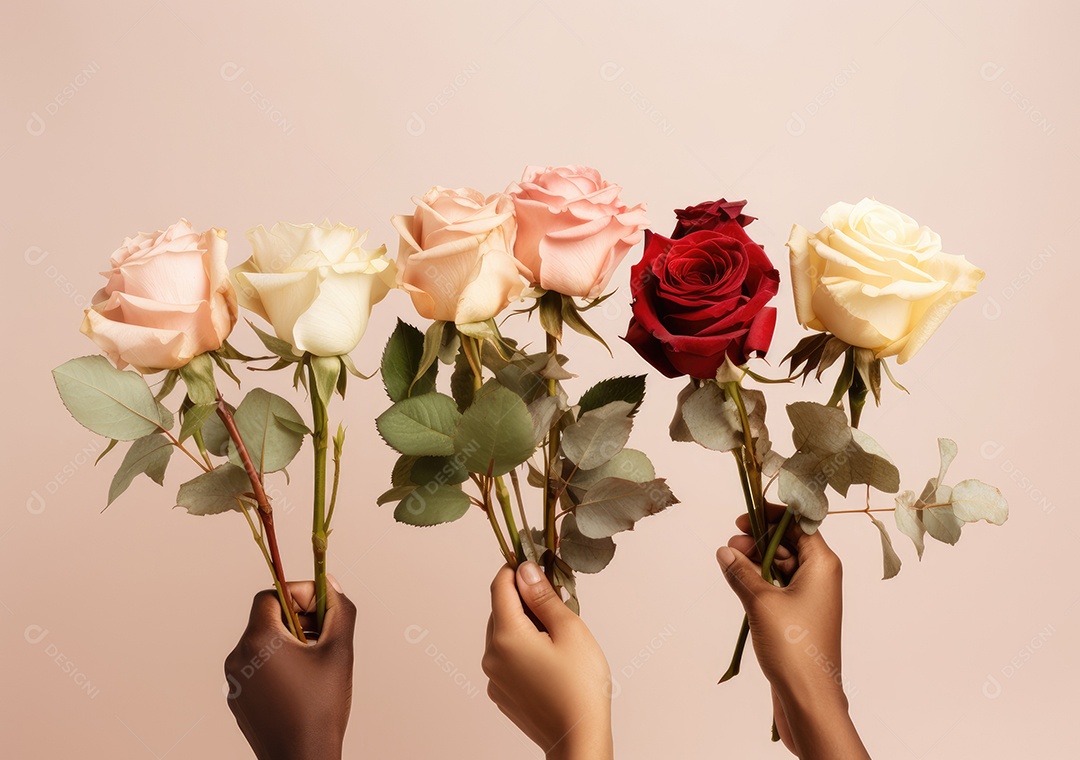 Diferentes cores de pele segurando lindas rosas. IA generativa.