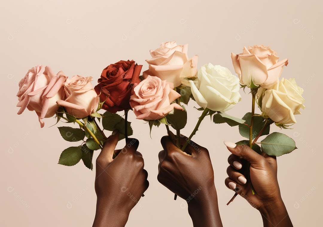 Diferentes cores de pele segurando lindas rosas. IA generativa.