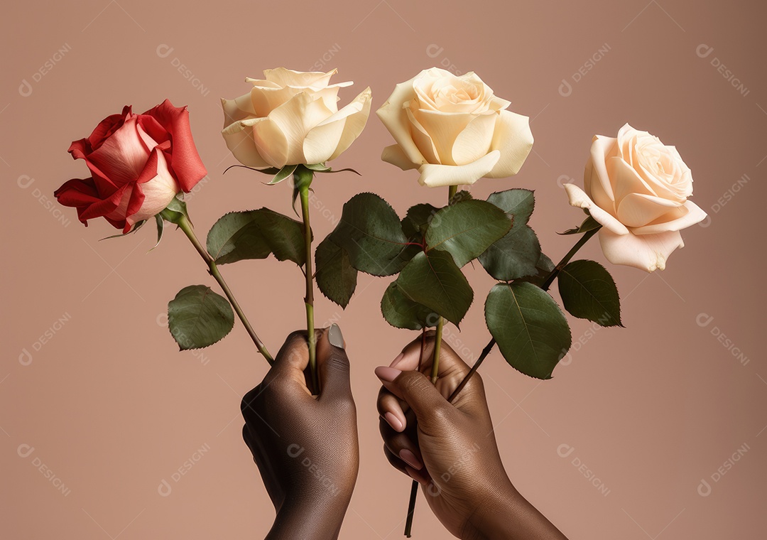 Diferentes cores de pele segurando lindas rosas. IA generativa.