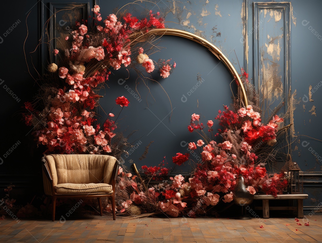 Cenários digitais de aro floral. ensaio fotográfico montado com adereço Flor e cenário de madeira