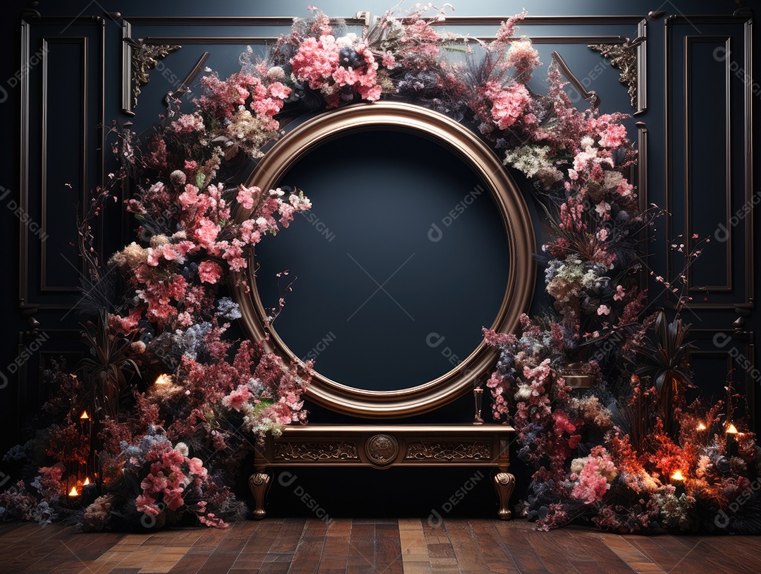 Cenários digitais de aro floral. ensaio fotográfico montado com adereço Flor e cenário de madeira