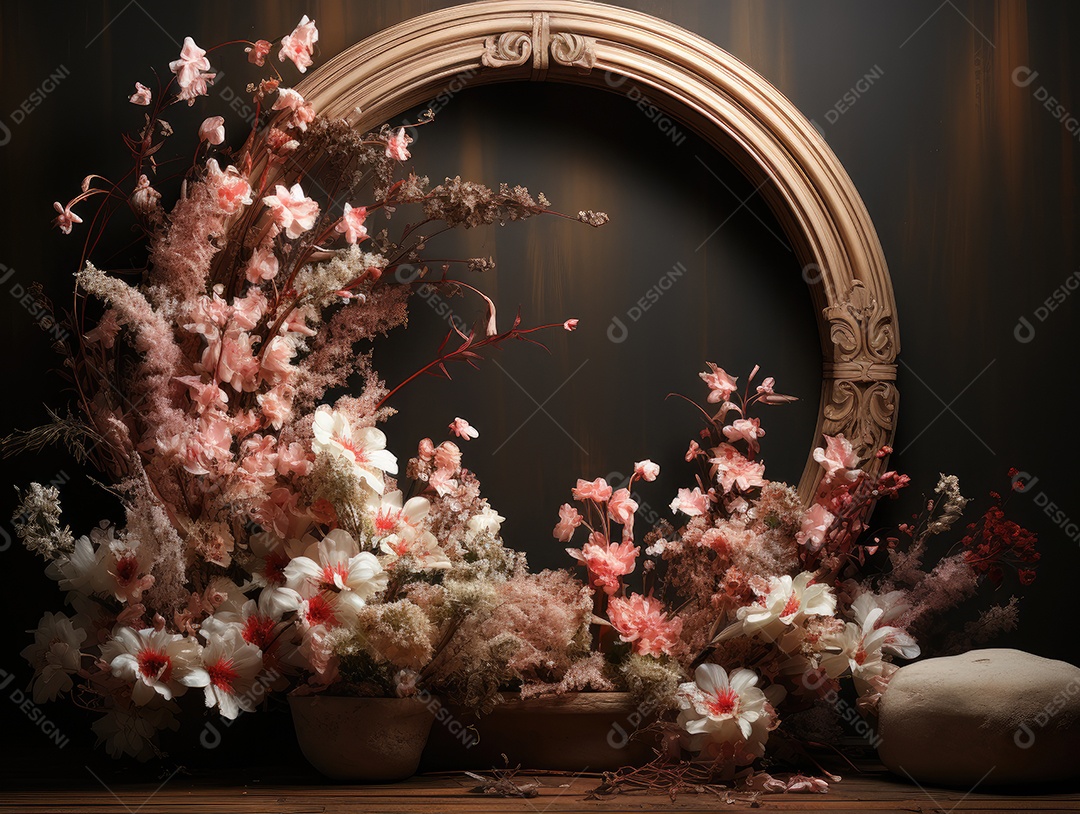 Cenários digitais de aro floral. ensaio fotográfico montado com adereço Flor e cenário de madeira