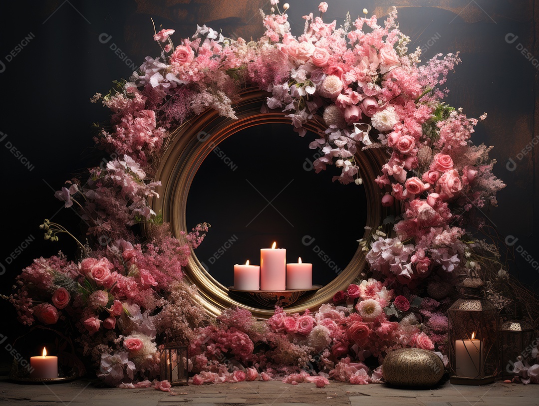 Cenários digitais de aro floral. ensaio fotográfico montado com adereço Flor e cenário de madeira