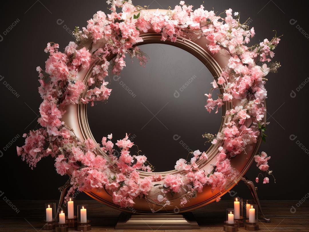 Cenários digitais de aro floral. ensaio fotográfico montado com adereço Flor e cenário de madeira