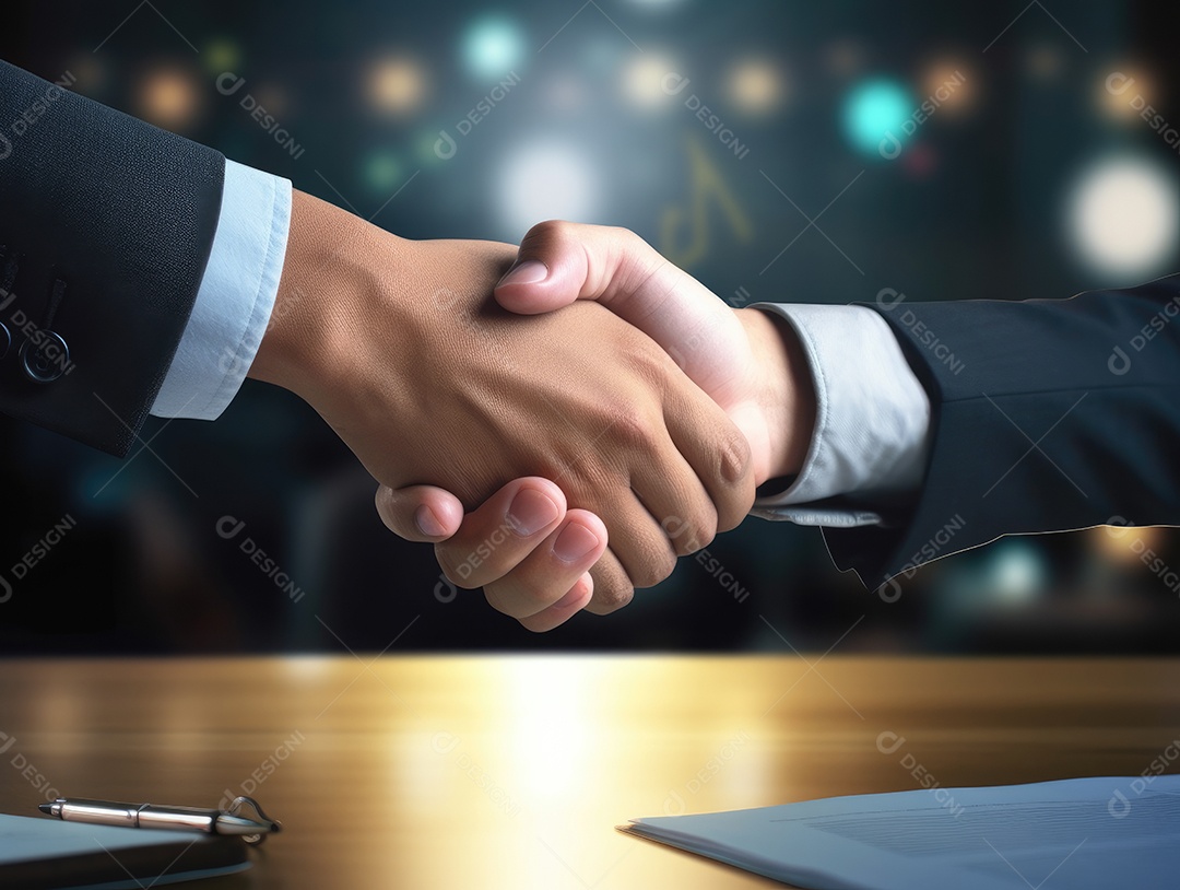 Dois empresários apertando as mãos com fundo de documento. negócio