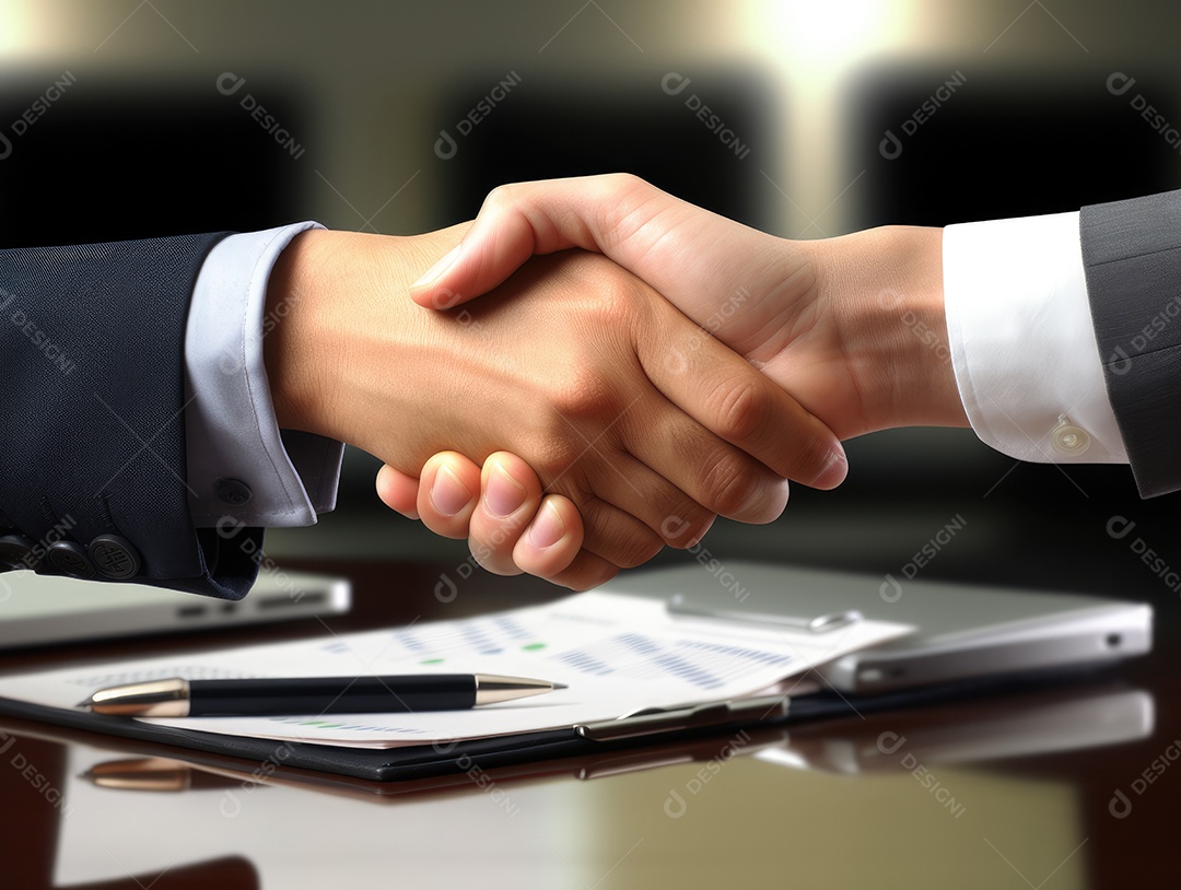 Dois empresários apertando as mãos com fundo de documento. negócio