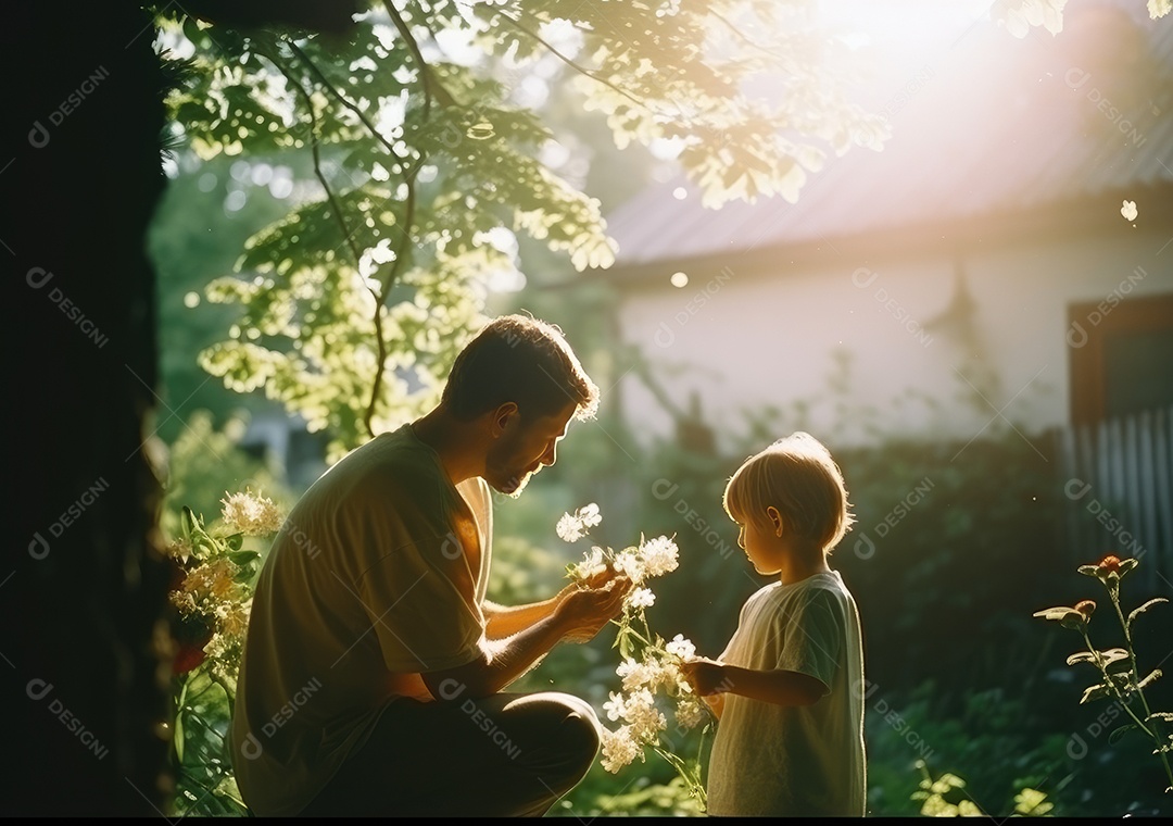 Pai e filho plantando árvore sobre o sol.