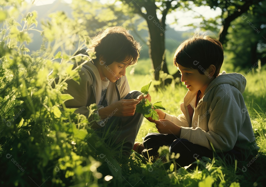 Mãe e filho plantando árvore sobre o sol.