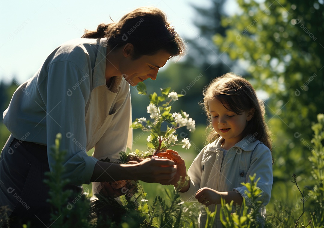 Mãe e filho plantando árvore sobre o sol.