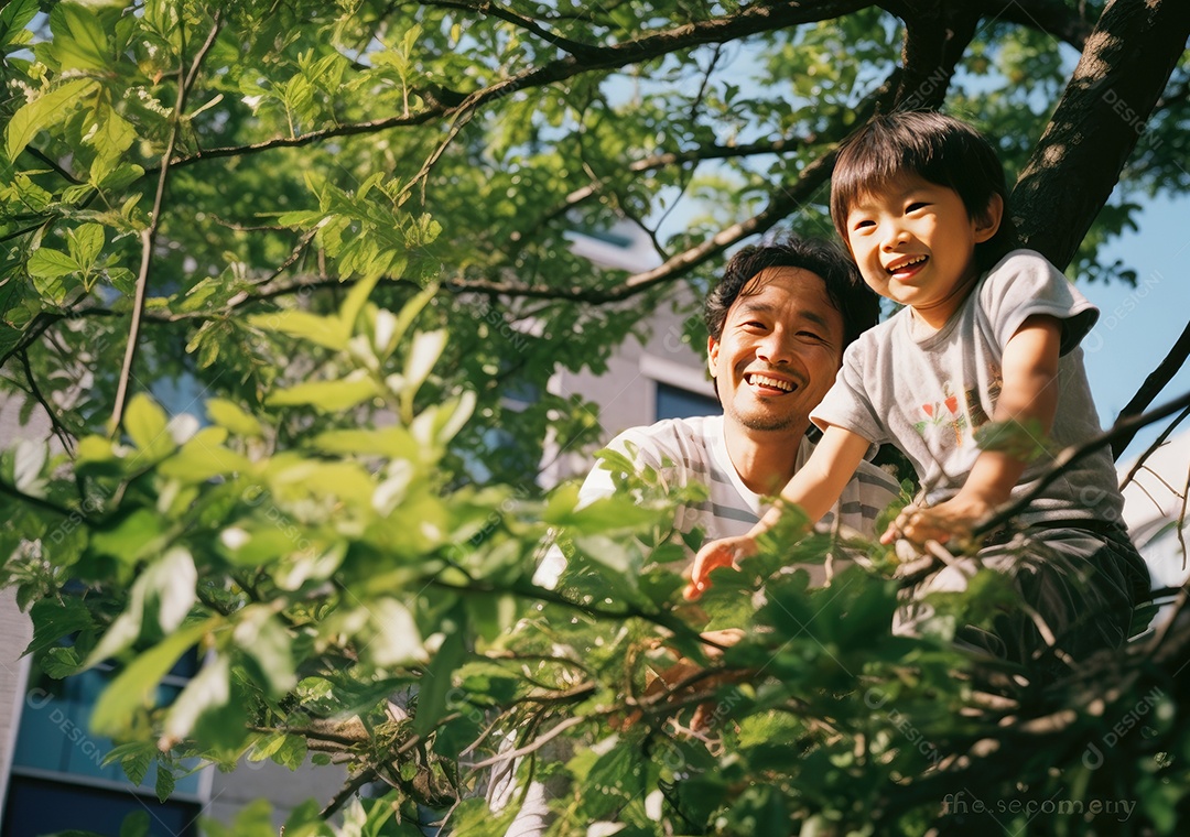 Pai e filho plantando árvore sobre o sol.