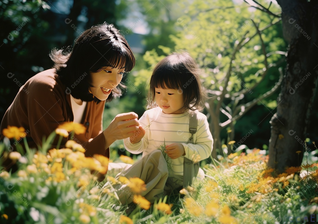 Mãe e filho plantando árvore sobre o sol.